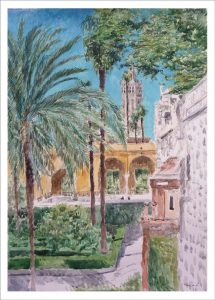 Cuadro en acuarela de los jardines del Alcázar de Sevilla
