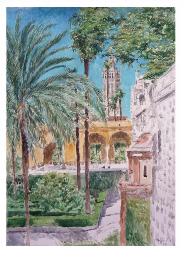 Acuarela de los jardines del Alcázar de Sevilla