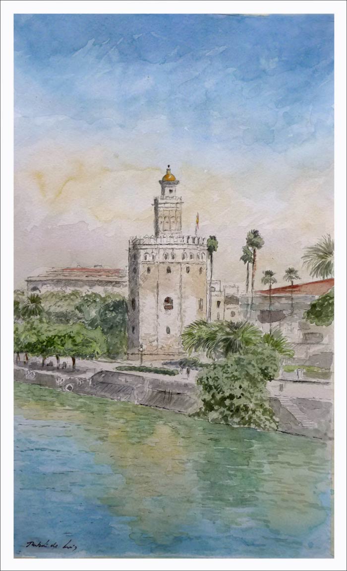 Una acuarela de la Torre del Oro en Sevilla pintada por Rubén de Luis