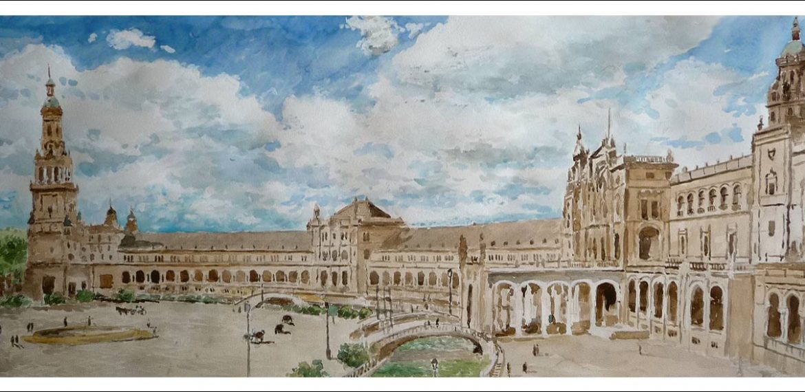 Acuarela de la Plaza de España de Sevilla.
