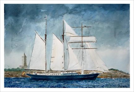 Acuarela de un velero en La Coruña