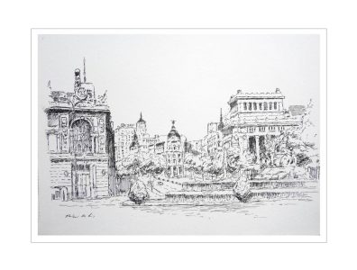 Dibujo a tinta de la Plaza de Cibeles, Madrid