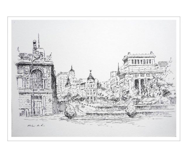 Dibujo a tinta de la Plaza de Cibeles en Madrid realizado por el pintor Rubén de Luis