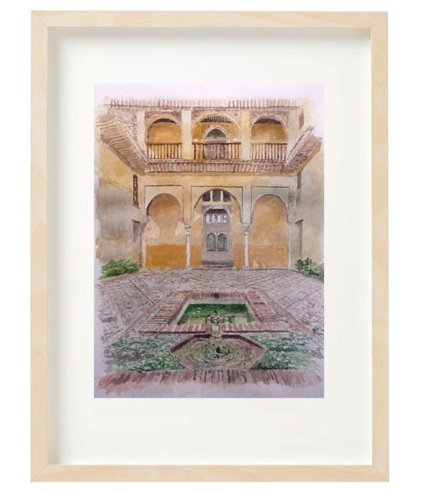 Cuadro en acuarela del palacio nazarí de Acuarela del palacio nazarí de Dar al-Horra en Granada pintado en una acuarela en la que se puede apreciar el patio con la alberca en primer término. Una obra del pintor Rubén de Luis.