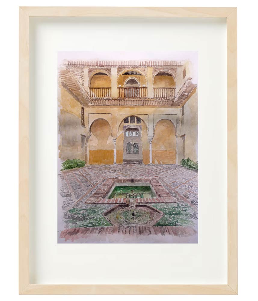 Cuadro en acuarela del palacio nazarí de Acuarela del palacio nazarí de Dar al-Horra en Granada pintado en una acuarela en la que se puede apreciar el patio con la alberca en primer término. Una obra del pintor Rubén de Luis.