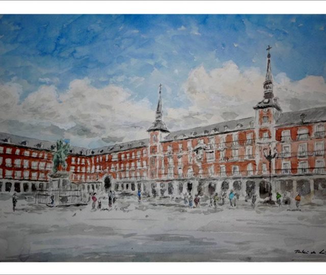 Acuarela de la Plaza Mayor de Madrid.