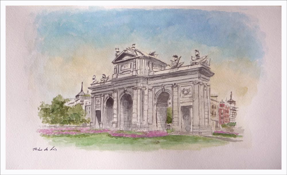 Una acuarela de la puerta de Alcalá de Madrid del pintor Rubén de Luis