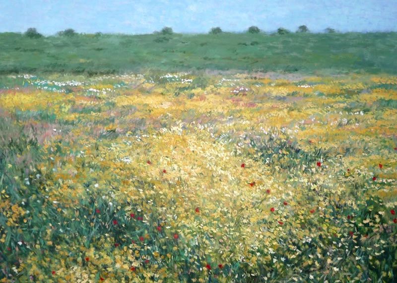 Cuadro al oleo de un paisaje de flores silvestres en primavera