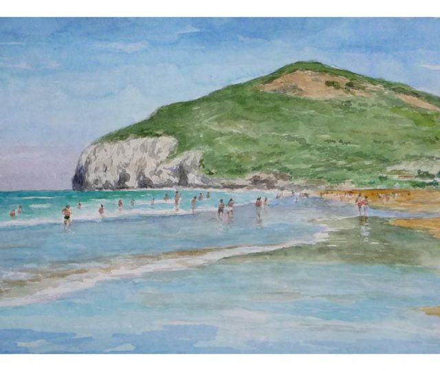 Acuarela de la playa de Berria en Santoña pintada por Rubén de Luis