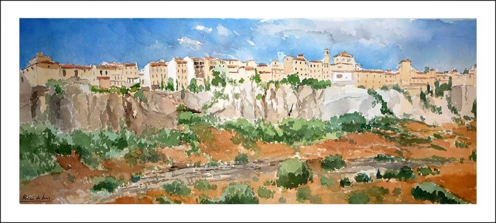 Acuarela de un paisaje de la Hoz del Huécar, Cuenca.