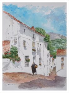 Acuarela de una calle de Casares, Málaga