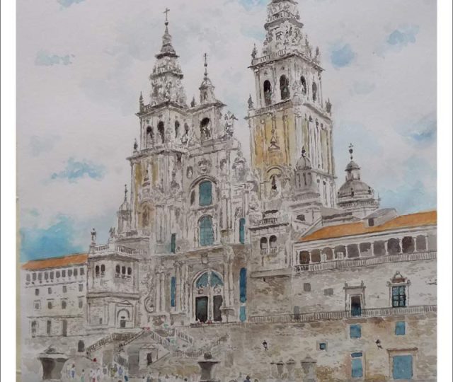Acuarela de la catedral de Santiago y la plaza del Obradoiro
