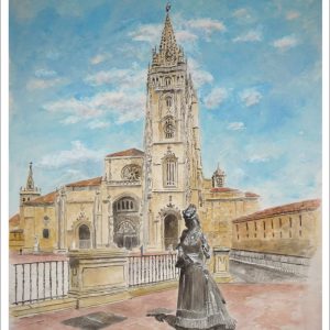 Acuarela de la Regenta y la Catedral de Oviedo realizada por Rubén de Luis