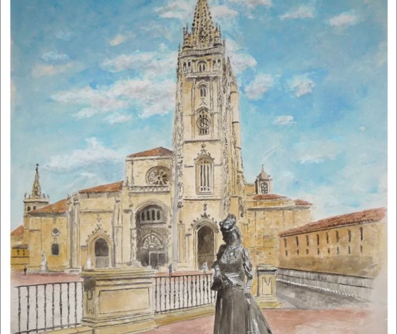 Acuarela de la Regenta y la Catedral de Oviedo realizada por Rubén de Luis