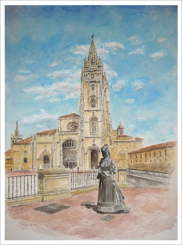 Acuarela de la Regenta y la Catedral de Oviedo realizada por Rubén de Luis