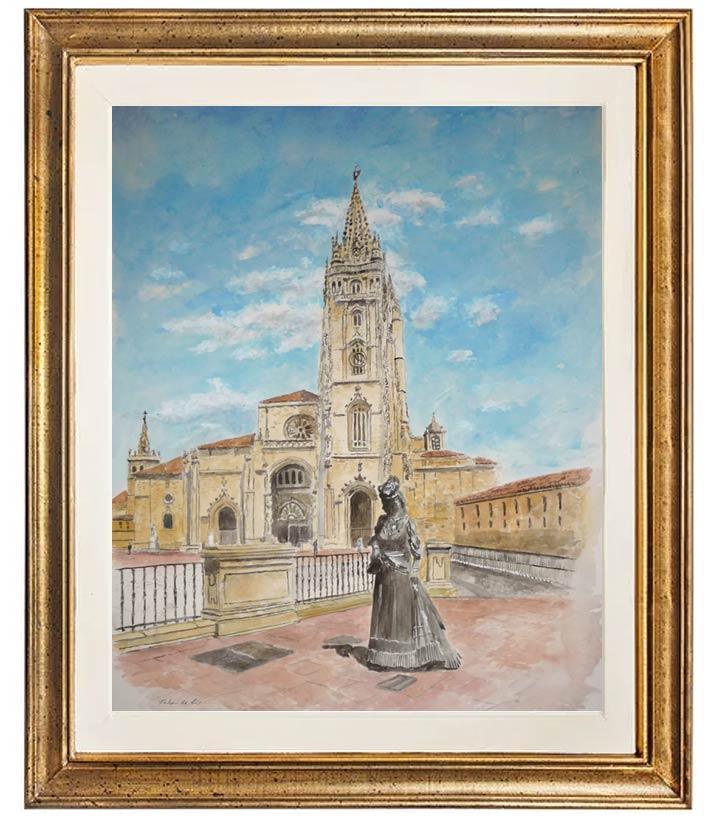 Cuadro en acuarela de Oviedo y su catedral con la Regenta pintada por Rubén de Luis