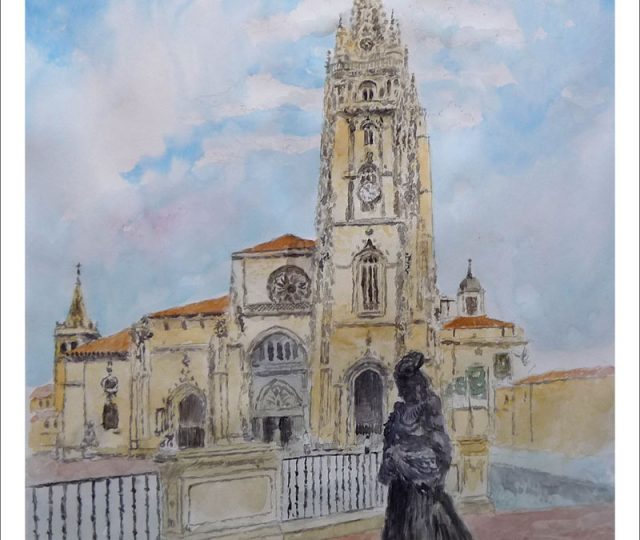 Acuarela de la Catedral de Oviedo y la escultura de la Regenta en la plaza, pintado en acuarela por Rubén de Luis.