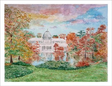 Acuarela del Palacio de Cristal en otoño. Parque del Retiro, Madrid.