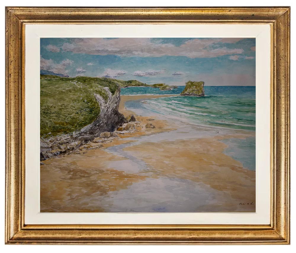 Cuadro en acuarela de la Playa de San Martín de Llanes, Asturias