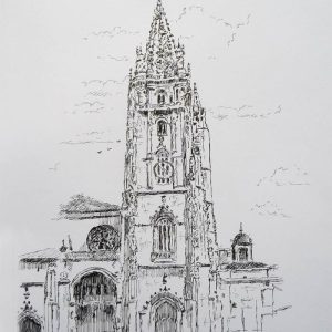 Dibujo de la Catedral de Oviedo realizado por el pintor Rubén de Luis