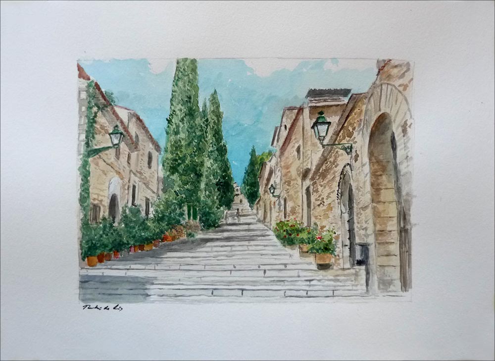 Acuarela de un paisaje de Pollensa, Mallorca