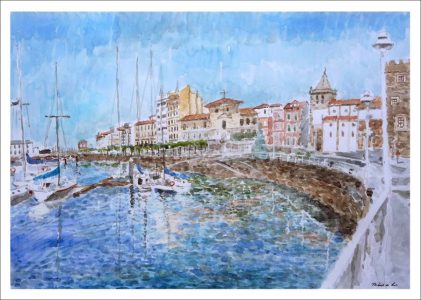 Acuarela de Gijón y el puerto deportivo