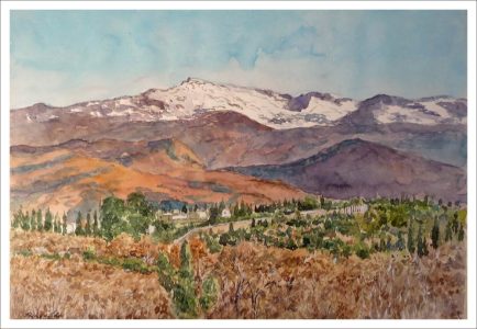 Acuarela de un atardecer en Sierra Nevada, Granada