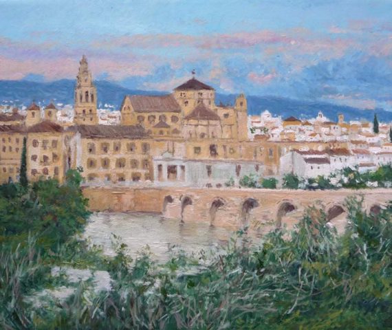 Cuadro al oleo de un paisaje de Córdoba desde el Puente Romano