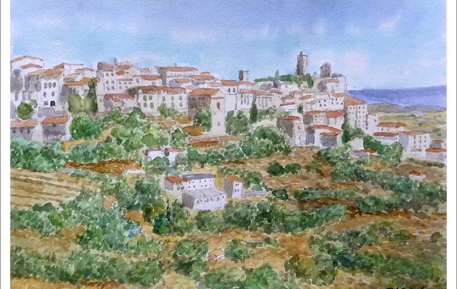 Paisaje en acuarela de Sos del Rey Católico, Zaragoza.