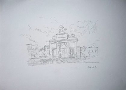 Dibujo a lápiz de la Puerta de Toledo en Madrid