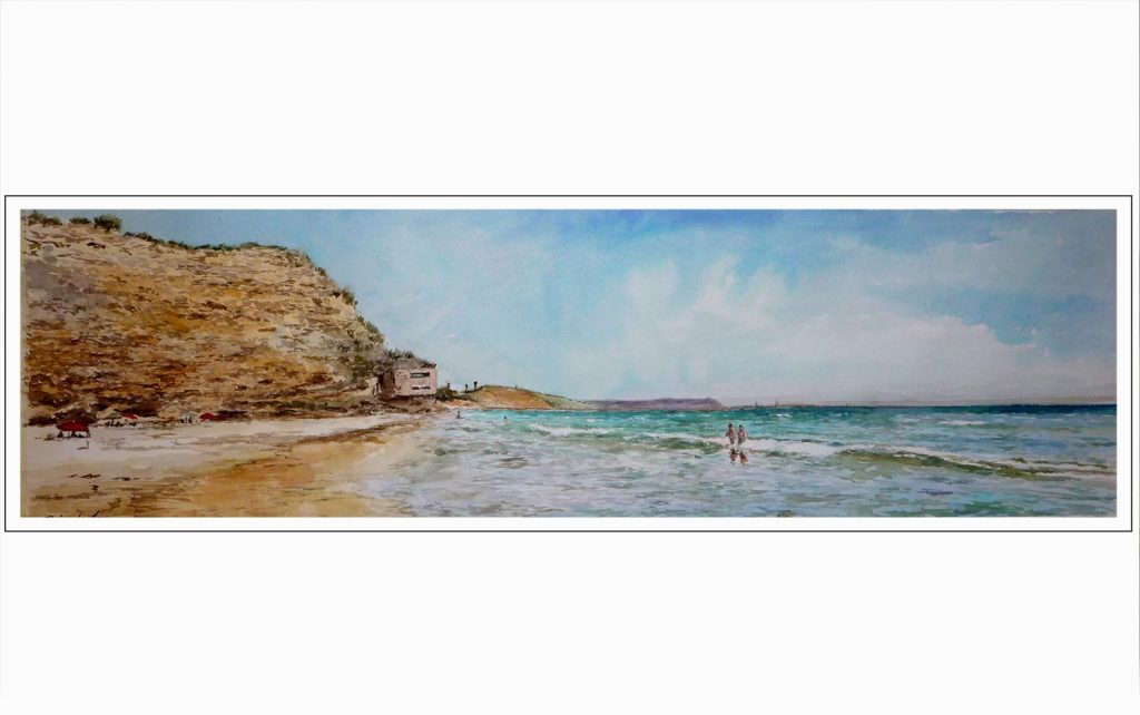 Acuarela de la cala del tío Juan Medina en Conil, Cádiz.
Una obra original y disponible en esta página del artista Rubén de Luis.