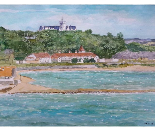 Acuarela de la playa del Espigón en Santander pintada por Rubén de Luis