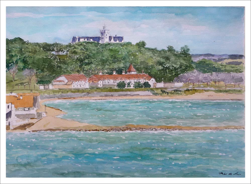 Acuarela de la playa del Espigón en Santander pintada por Rubén de Luis