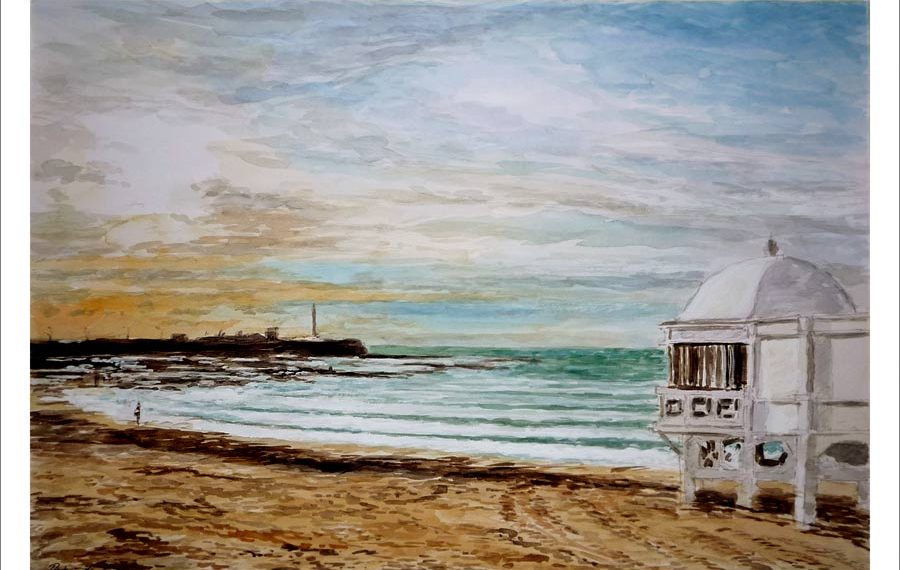 Acuarela de la playa de la Caleta en Cádiz