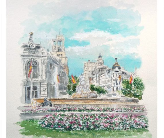 Acuarela de la Plaza de Cibeles del pintor Rubén de Luis
