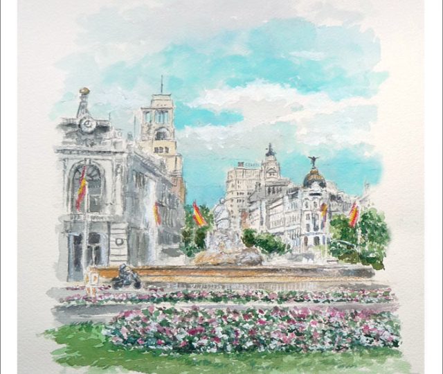 Acuarela de la Plaza de Cibeles del pintor Rubén de Luis