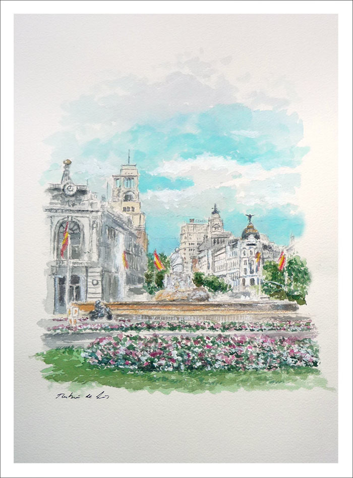 Acuarela de la Plaza de Cibeles del pintor Rubén de Luis