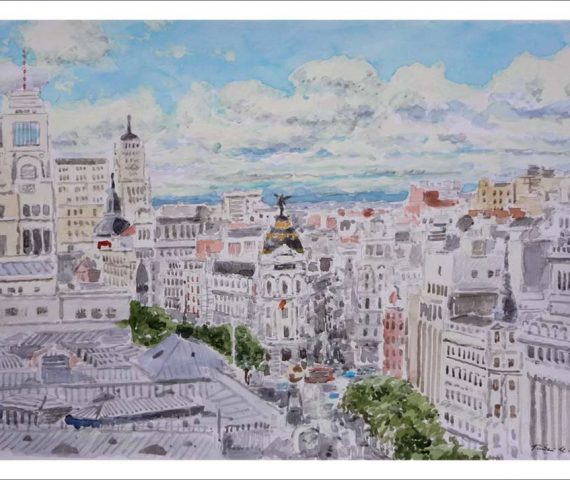 Acuarela de la Gran Vía y la calle de Alcalá desde el Palacio de Cibeles