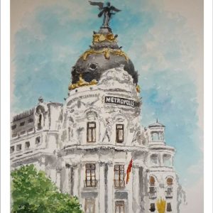 Acuarela del Edificio Metrópolis en Madrid del pintor Rubén de Luis