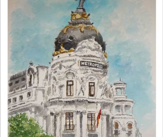 Acuarela del Edificio Metrópolis en Madrid del pintor Rubén de Luis