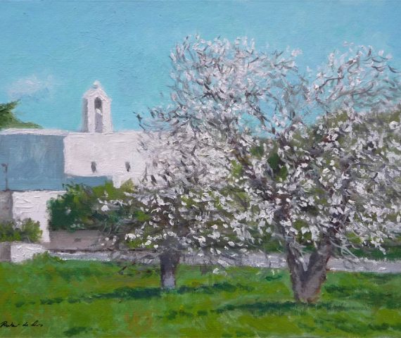 Cuadro al oleo de la iglesia de Santa Agnes de Corona en Ibiza. Pintado por el artista Rubén de Luis