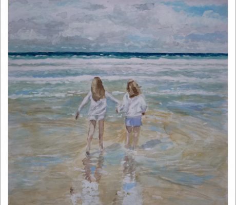 Acuarela de unas niñas en la playa pintado por encargo