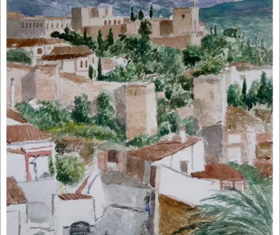 Acuarela de la Alhambra de Granada desde el barrio del Albaicín