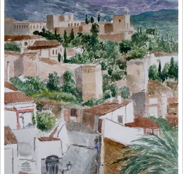 Acuarela de la Alhambra de Granada desde el barrio del Albaicín