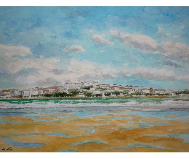 Acuarela de un paisaje de Santander desde la playa de Somo