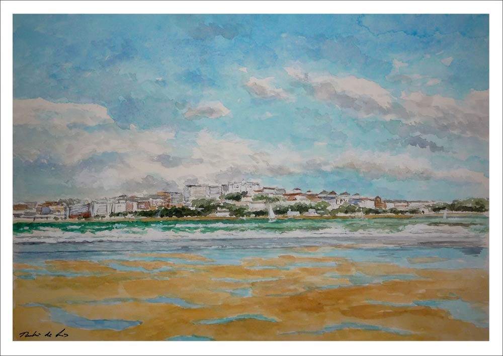Acuarela de un paisaje de Santander desde la playa de Somo