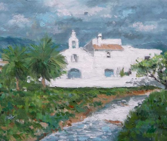 Oleo de un paisajes de la iglesia de San Francesc de s'Estany en Ibiza