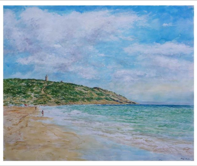 Acuarela de la playa de Zahara de los Atunes en Cádiz pintada por Rubén de Luis