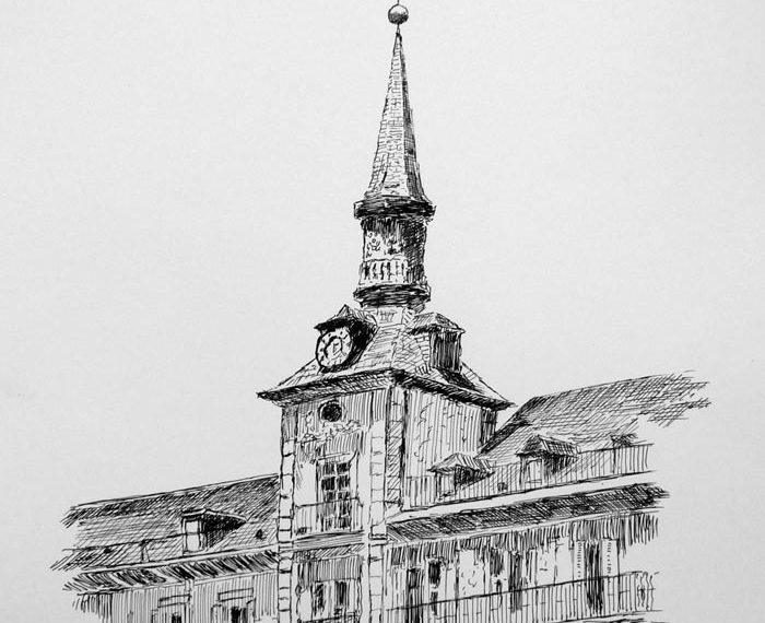 Dibujo de la Plaza Mayor de Madrid realizado por Rubén de Luis