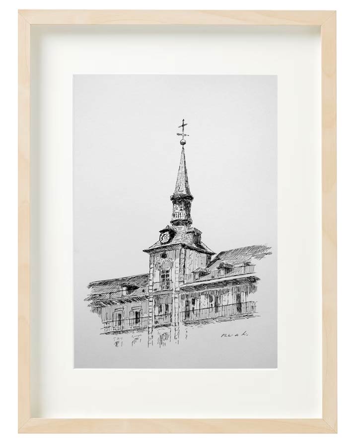 Cuadro de un dibujo a tinta de la Plaza Mayor de Madrid del pintor Rubén de Luis Cuadro de un dibujo a tinta de la Plaza Mayor de Madrid